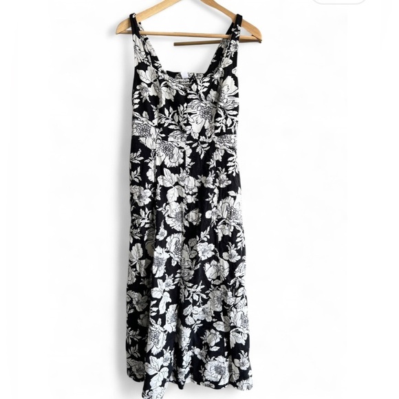 NWT Old Navy Floral Black & White Midi Euro Summer Dress Linen Fit & Flare Small - Picture 3 of 13
